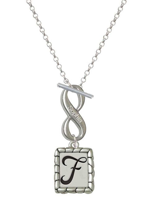 Silver Plated Pebble Border Initial - F - Custom Engraved Infinity Toggle Necklace: Personalized Jewelry Gift - Names, Initials, Dates, Bible Verses