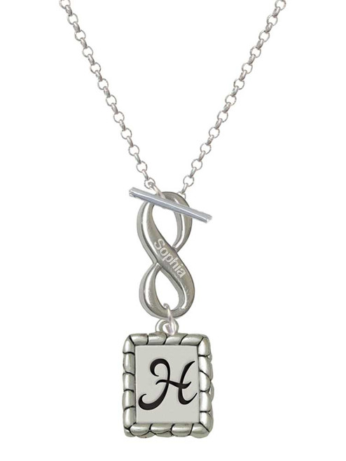 Silver Plated Pebble Border Initial - H - Custom Engraved Infinity Toggle Necklace: Personalized Jewelry Gift - Names, Initials, Dates, Bible Verses