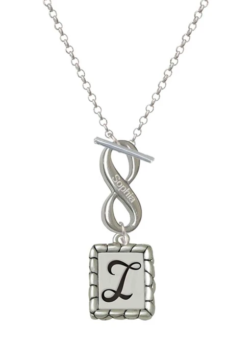 Silver Plated Pebble Border Initial - I - Custom Engraved Infinity Toggle Necklace: Personalized Jewelry Gift - Names, Initials, Dates, Bible Verses