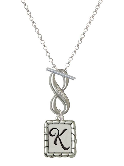 Silver Plated Pebble Border Initial - K - Custom Engraved Infinity Toggle Necklace: Personalized Jewelry Gift - Names, Initials, Dates, Bible Verses