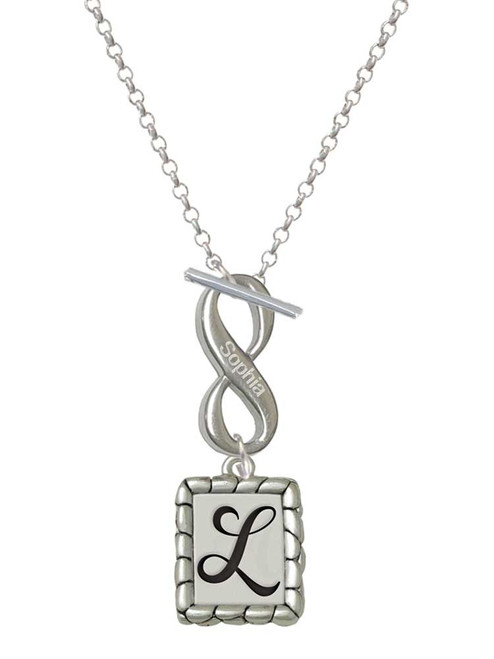 Silver Plated Pebble Border Initial - L - Custom Engraved Infinity Toggle Necklace: Personalized Jewelry Gift - Names, Initials, Dates, Bible Verses