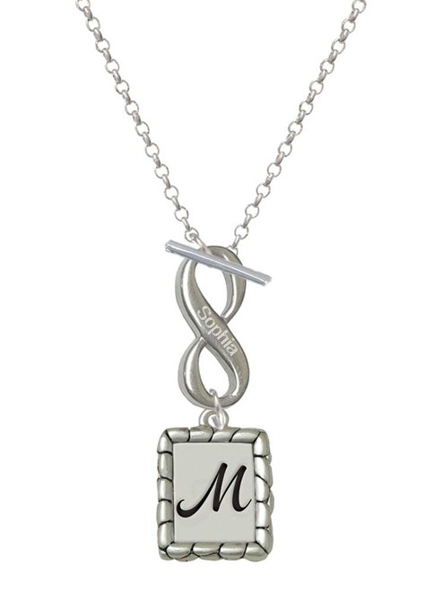 Silver Plated Pebble Border Initial - M - Custom Engraved Infinity Toggle Necklace: Personalized Jewelry Gift - Names, Initials, Dates, Bible Verses