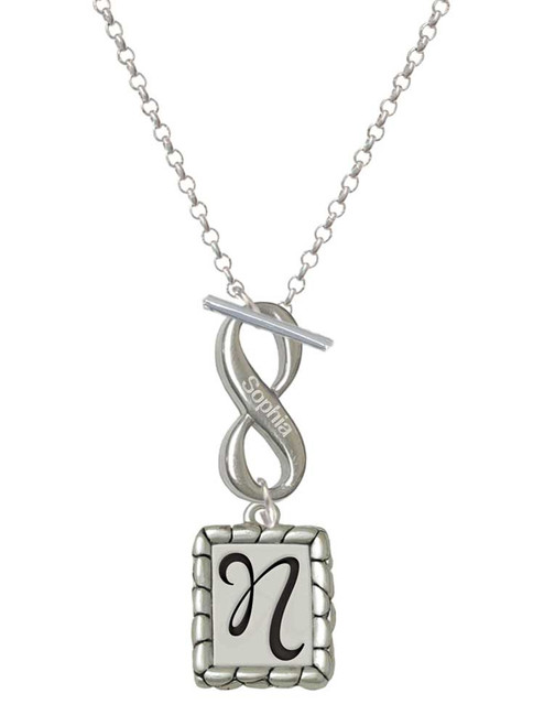Silver Plated Pebble Border Initial - N - Custom Engraved Infinity Toggle Necklace: Personalized Jewelry Gift - Names, Initials, Dates, Bible Verses