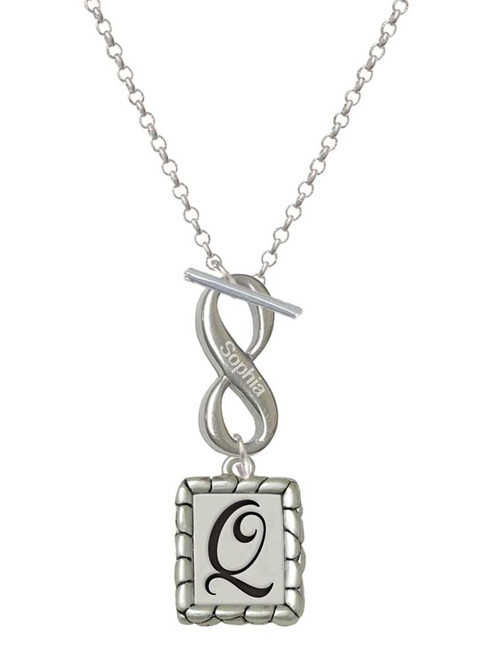 Silver Plated Pebble Border Initial - Q - Custom Engraved Infinity Toggle Necklace: Personalized Jewelry Gift - Names, Initials, Dates, Bible Verses