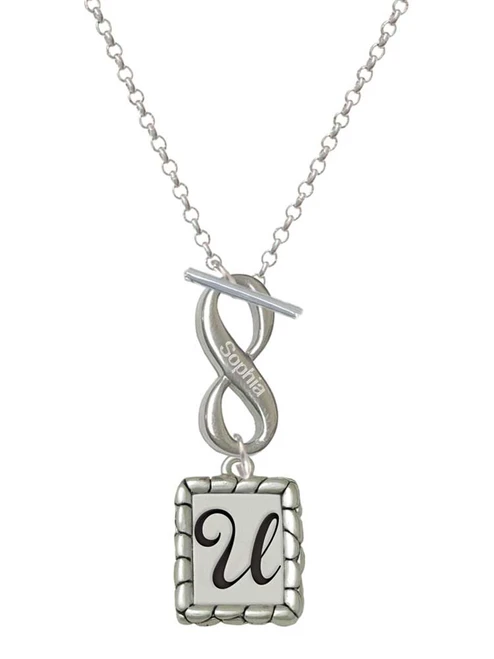 Silver Plated Pebble Border Initial - U - Custom Engraved Infinity Toggle Necklace: Personalized Jewelry Gift - Names, Initials, Dates, Bible Verses