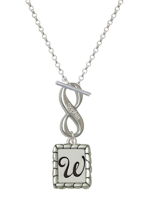 Silver Plated Pebble Border Initial - W - Custom Engraved Infinity Toggle Necklace: Personalized Jewelry Gift - Names, Initials, Dates, Bible Verses