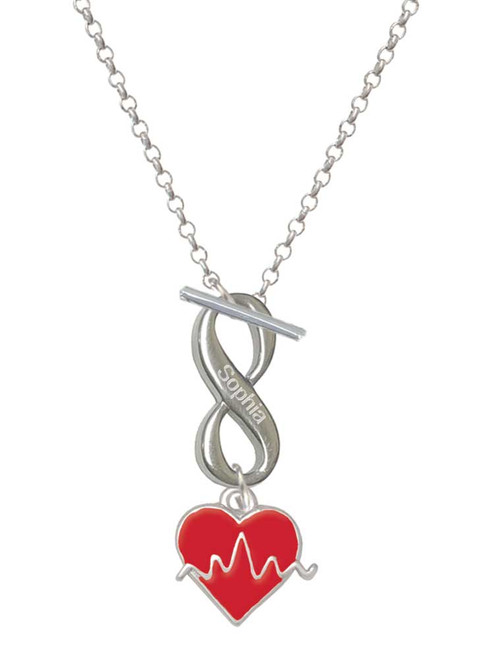 Silver Plated Heartbeat on Red Heart - Custom Engraved Infinity Toggle Necklace: Personalized Jewelry Gift - Names, Initials, Dates, Bible Verses