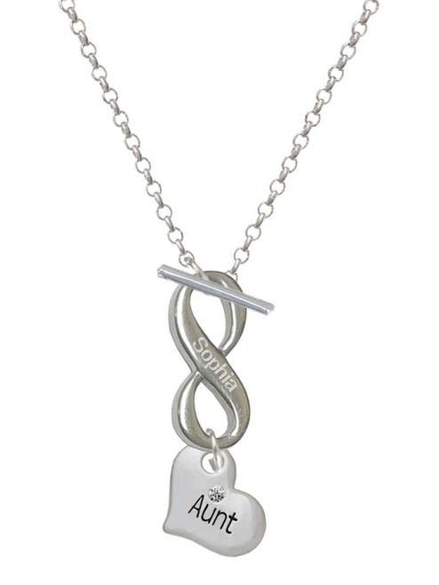 Silver Plated Small ''Aunt'' Heart with Clear Crystal - Custom Engraved Infinity Toggle Necklace: Personalized Jewelry Gift - Names, Initials, Dates, Bible Verses
