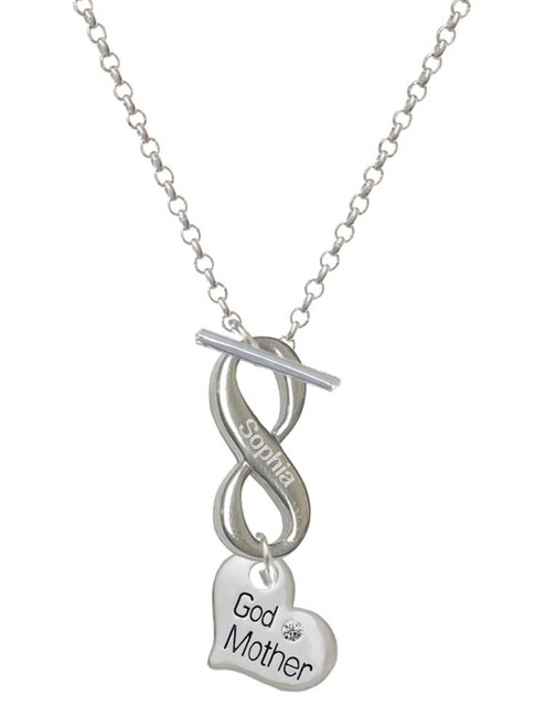 Silver Plated Small ''Godmother'' Heart with Clear Crystal - Custom Engraved Infinity Toggle Necklace: Personalized Jewelry Gift - Names, Initials, Dates, Bible Verses