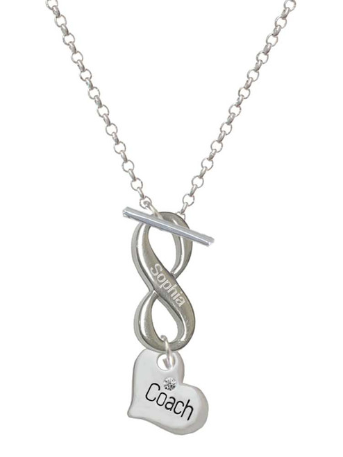 Silver Plated Small ''Coach'' Heart - Custom Engraved Infinity Toggle Necklace: Personalized Jewelry Gift - Names, Initials, Dates, Bible Verses