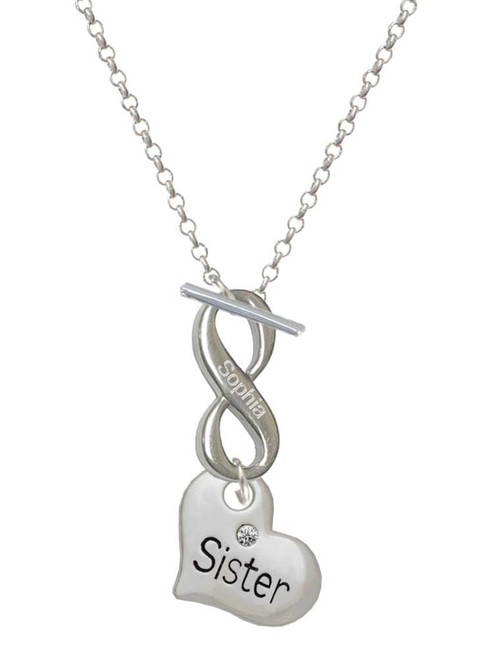 Silver Plated Large ''Sister'' Heart with Clear Crystal - Custom Engraved Infinity Toggle Necklace: Personalized Jewelry Gift - Names, Initials, Dates, Bible Verses