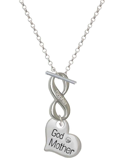 Silver Plated Large ''Godmother'' Heart with Clear Crystal - Custom Engraved Infinity Toggle Necklace: Personalized Jewelry Gift - Names, Initials, Dates, Bible Verses