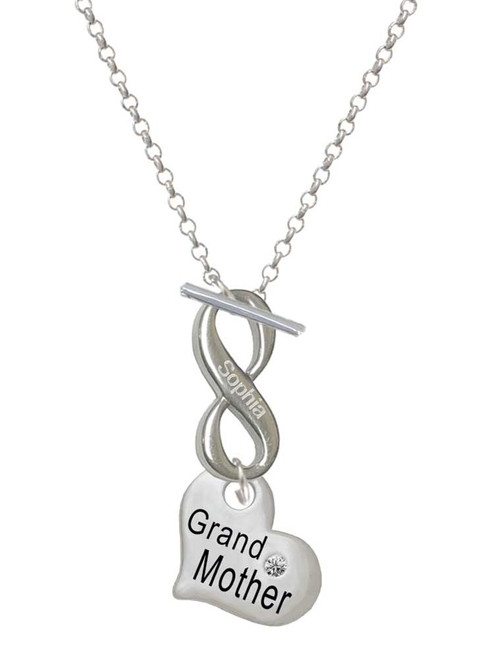 Silver Plated Large ''Grandmother'' Heart with Clear Crystal - Custom Engraved Infinity Toggle Necklace: Personalized Jewelry Gift - Names, Initials, Dates, Bible Verses
