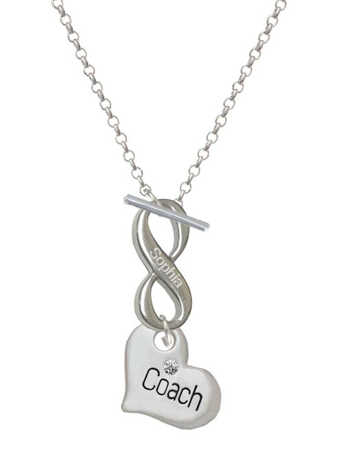 Silver Plated Large ''Coach'' Heart - Custom Engraved Infinity Toggle Necklace: Personalized Jewelry Gift - Names, Initials, Dates, Bible Verses