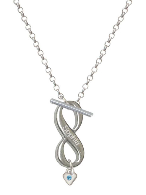 Silver Plated Mini March - Hot Blue Crystal Heart - Custom Engraved Infinity Toggle Necklace: Personalized Jewelry Gift - Names, Initials, Dates, Bible Verses