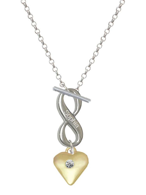 Gold-tone Large Clear Crystal Heart - Custom Engraved Infinity Toggle Necklace: Personalized Jewelry Gift - Names, Initials, Dates, Bible Verses