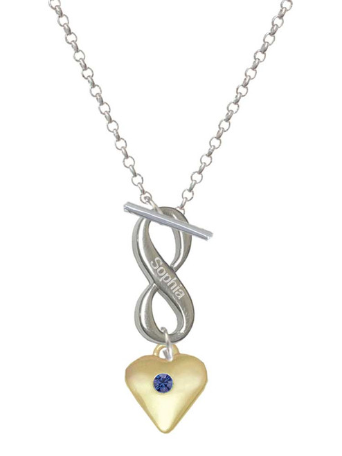 Gold-tone Large Blue Crystal Heart - Custom Engraved Infinity Toggle Necklace: Personalized Jewelry Gift - Names, Initials, Dates, Bible Verses