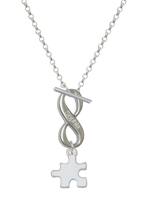 Silver Plated Puzzle Piece - Custom Engraved Infinity Toggle Necklace: Personalized Jewelry Gift - Names, Initials, Dates, Bible Verses