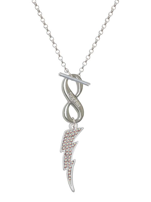 Silver Plated Large Clear AB Crystal Lightning Bolt - Custom Engraved Infinity Toggle Necklace: Personalized Jewelry Gift - Names, Initials, Dates, Bible Verses