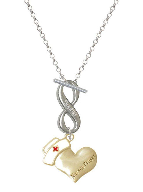 Two-tone Nurse's Prayer Heart - Healing Hand - Custom Engraved Infinity Toggle Necklace: Personalized Jewelry Gift - Names, Initials, Dates, Bible Verses