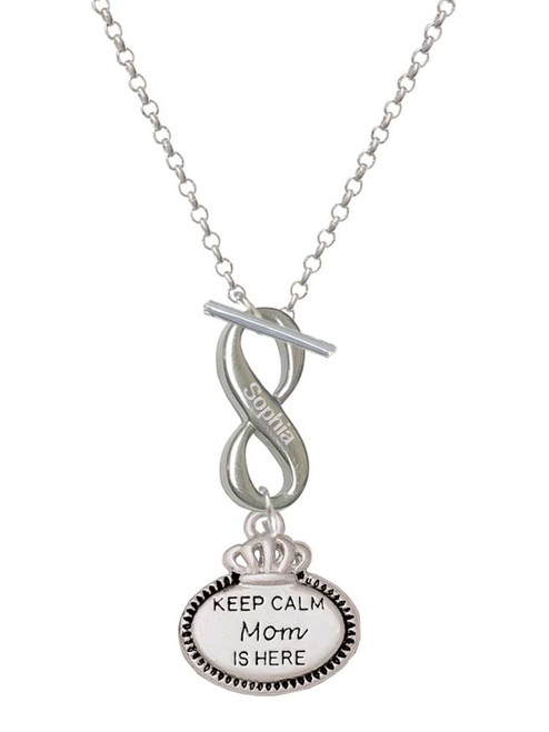 Keep Calm Mom is Here - Custom Engraved Infinity Toggle Necklace: Personalized Jewelry Gift - Names, Initials, Dates, Bible Verses