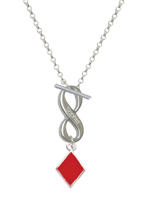 Silver Plated Card Suit - Red Diamond - Custom Engraved Infinity Toggle Necklace: Personalized Jewelry Gift - Names, Initials, Dates, Bible Verses