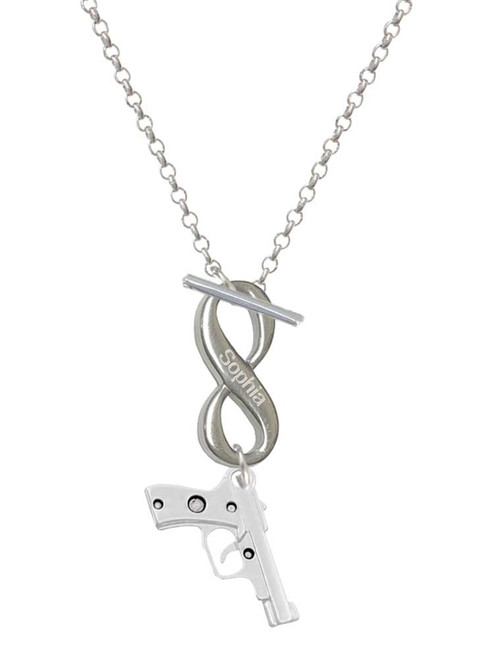 Silver Plated Handgun - Custom Engraved Infinity Toggle Necklace: Personalized Jewelry Gift - Names, Initials, Dates, Bible Verses