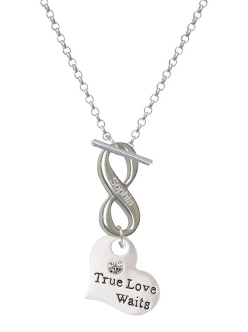 Silver Plated Large True Love Waits Heart - Custom Engraved Infinity Toggle Necklace: Personalized Jewelry Gift - Names, Initials, Dates, Bible Verses