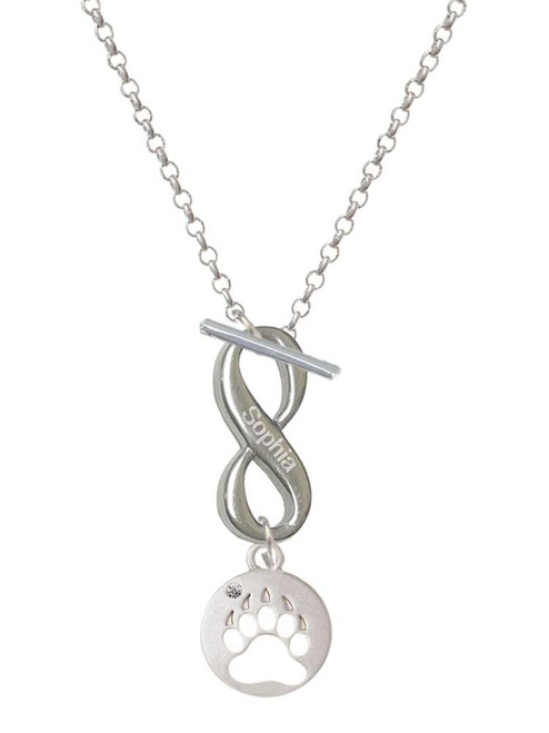 Silver Plated Bear Paw Silhouette - Custom Engraved Infinity Toggle Necklace: Personalized Jewelry Gift - Names, Initials, Dates, Bible Verses