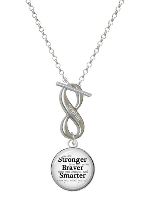 Silver Plated Domed Stronger Braver Smarter - Custom Engraved Infinity Toggle Necklace: Personalized Jewelry Gift - Names, Initials, Dates, Bible Verses