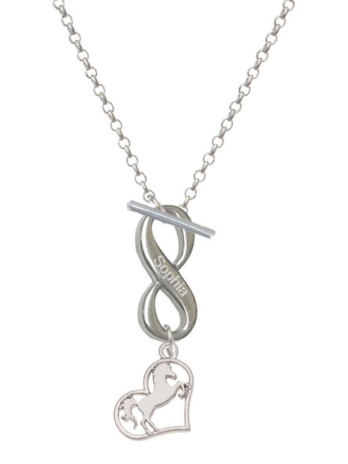 Silver Plated Stallion Silhouette Heart - Custom Engraved Infinity Toggle Necklace: Personalized Jewelry Gift - Names, Initials, Dates, Bible Verses
