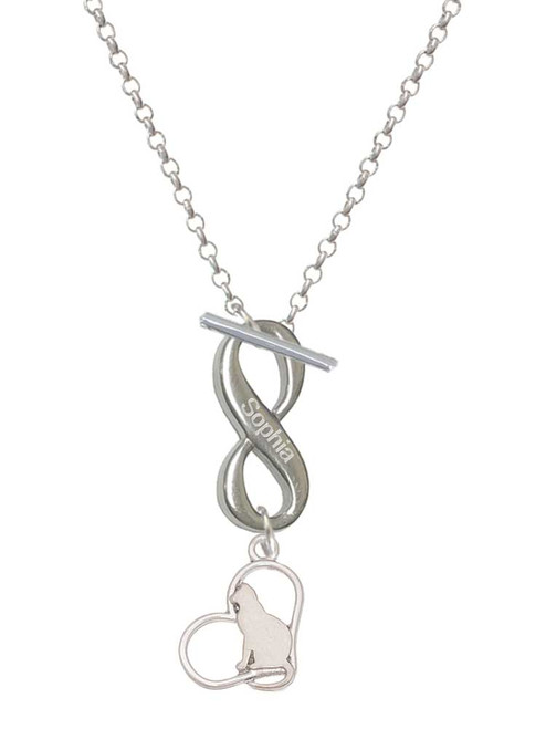 Silver Plated Cat Silhouette Heart - Custom Engraved Infinity Toggle Necklace: Personalized Jewelry Gift - Names, Initials, Dates, Bible Verses