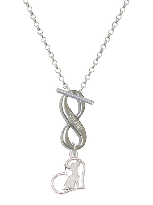Silver Plated Chihuahua Silhouette Heart - Custom Engraved Infinity Toggle Necklace: Personalized Jewelry Gift - Names, Initials, Dates, Bible Verses