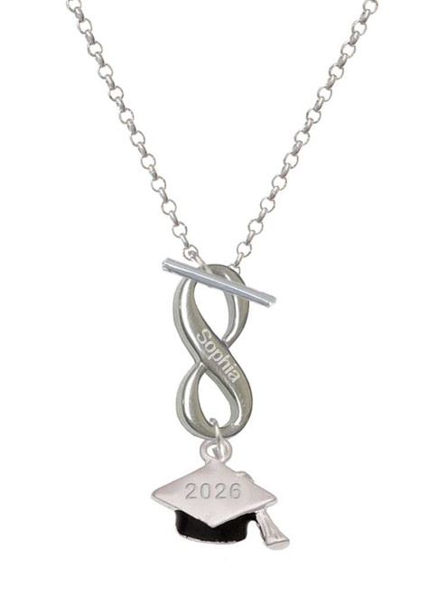 Silver Plated 3-D Graduation Hat with 2026 - Custom Engraved Infinity Toggle Necklace: Personalized Jewelry Gift - Names, Initials, Dates, Bible Verses