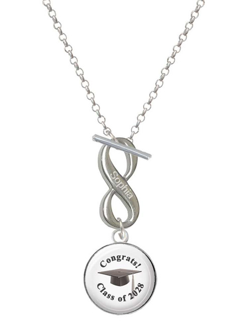 Silver Plated Domed Class of 2028 - Custom Engraved Infinity Toggle Necklace: Personalized Jewelry Gift - Names, Initials, Dates, Bible Verses