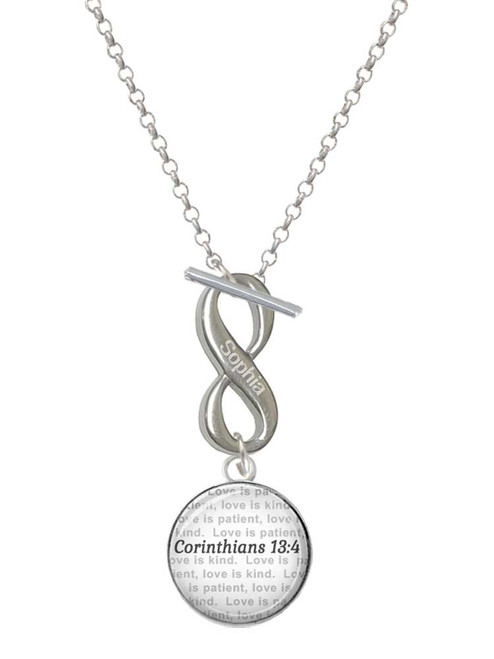 Silver Plated Domed Corinthians 13:4 - Custom Engraved Infinity Toggle Necklace: Personalized Jewelry Gift - Names, Initials, Dates, Bible Verses