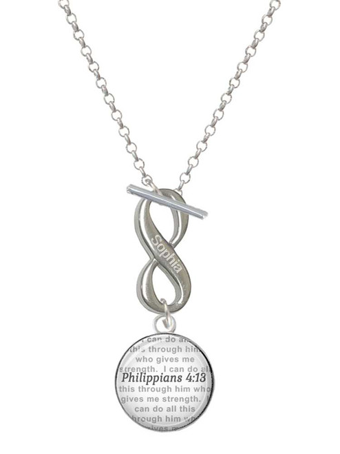 Silver Plated Domed Philippians 4:13 - Custom Engraved Infinity Toggle Necklace: Personalized Jewelry Gift - Names, Initials, Dates, Bible Verses