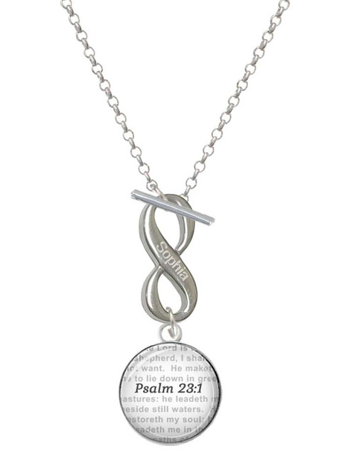 Silver Plated Domed Psalm 23:1 - Custom Engraved Infinity Toggle Necklace: Personalized Jewelry Gift - Names, Initials, Dates, Bible Verses