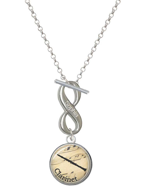 Silver Plated Domed Music - Clarinet - Custom Engraved Infinity Toggle Necklace: Personalized Jewelry Gift - Names, Initials, Dates, Bible Verses