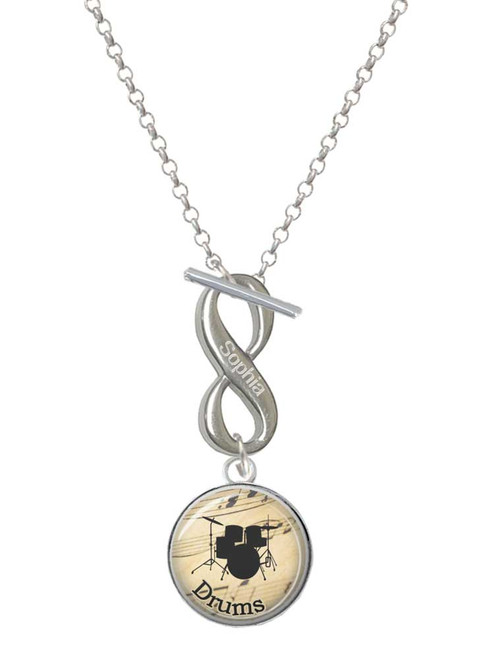 Silver Plated Domed Music - Drums - Custom Engraved Infinity Toggle Necklace: Personalized Jewelry Gift - Names, Initials, Dates, Bible Verses