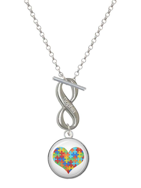 Silver Plated Domed Puzzle Piece Heart - Custom Engraved Infinity Toggle Necklace: Personalized Jewelry Gift - Names, Initials, Dates, Bible Verses