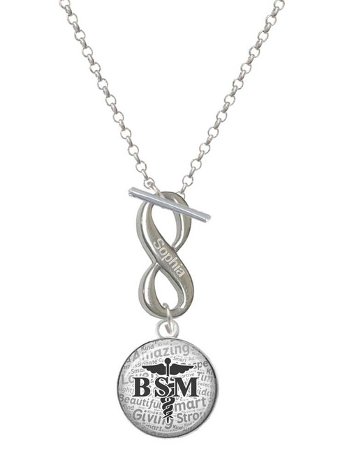 Silver Plated Domed Black BSM - Custom Engraved Infinity Toggle Necklace: Personalized Jewelry Gift - Names, Initials, Dates, Bible Verses