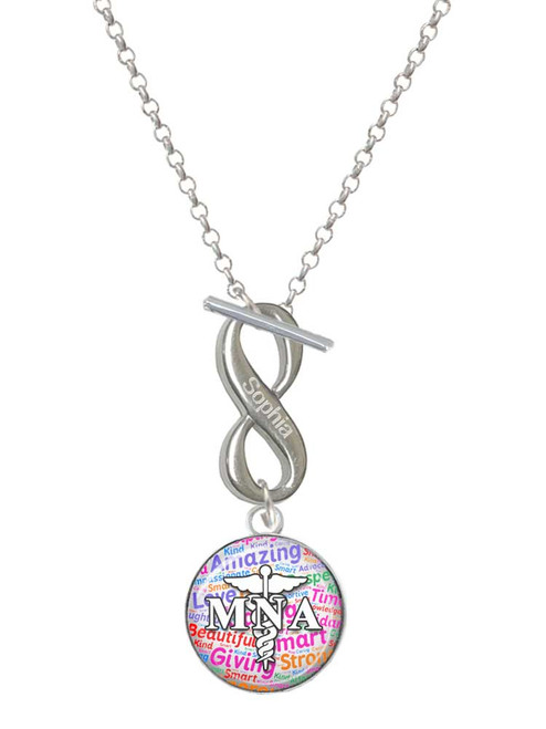 Silver Plated Domed Multi Color MNA - Custom Engraved Infinity Toggle Necklace: Personalized Jewelry Gift - Names, Initials, Dates, Bible Verses