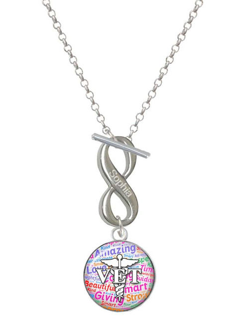 Silver Plated Domed Multi Color VET - Custom Engraved Infinity Toggle Necklace: Personalized Jewelry Gift - Names, Initials, Dates, Bible Verses