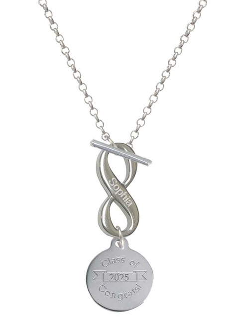 Stainless Steel Disc Class of 2025 - Custom Engraved Infinity Toggle Necklace: Personalized Jewelry Gift - Names, Initials, Dates, Bible Verses