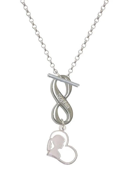 Silver Plated Girl Silhouette in Heart - Custom Engraved Infinity Toggle Necklace: Personalized Jewelry Gift - Names, Initials, Dates, Bible Verses