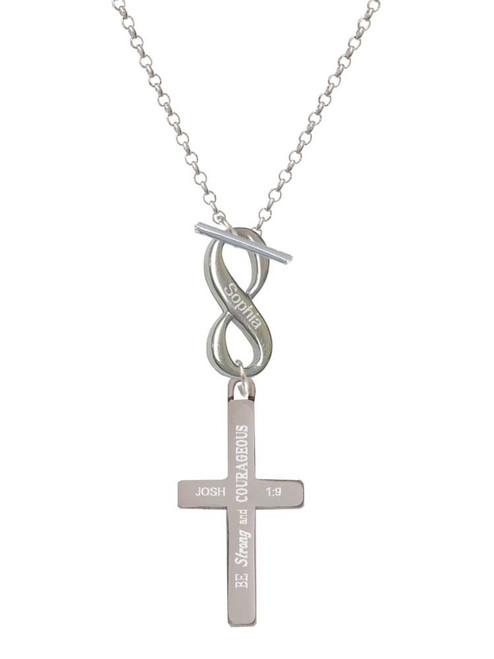 Stainless Steel Joshua 1:9 - Be Strong and Courageous Engraved Cross - Custom Engraved Infinity Toggle Necklace: Personalized Jewelry Gift - Names, Initials, Dates, Bible Verses