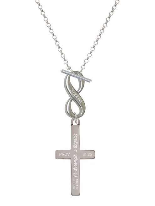 Stainless Steel Proverbs 31:25 - She is Clothed Engraved Cross - Custom Engraved Infinity Toggle Necklace: Personalized Jewelry Gift - Names, Initials, Dates, Bible Verses