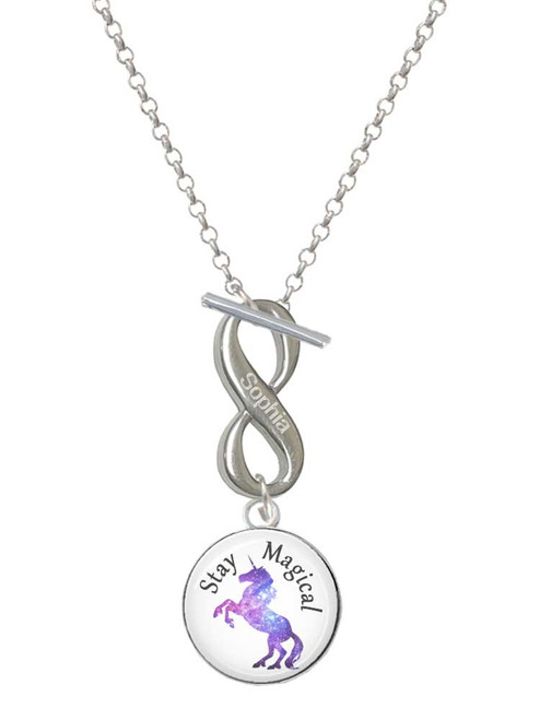 Silver Plated Domed Stay Magical Unicorn - Custom Engraved Infinity Toggle Necklace: Personalized Jewelry Gift - Names, Initials, Dates, Bible Verses