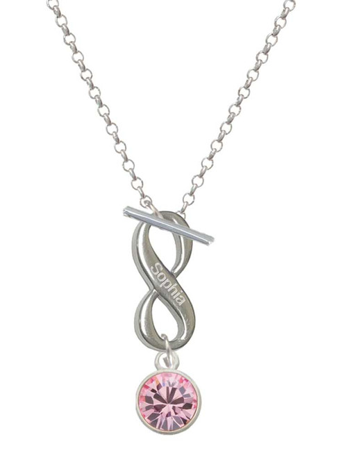 10mm Light Pink Crystal Drop - Custom Engraved Infinity Toggle Necklace: Personalized Jewelry Gift - Names, Initials, Dates, Bible Verses